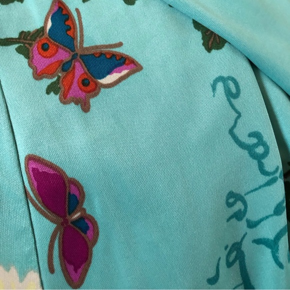 Vtg Emanuel Ungaro Floral Flower Butterfly Print Turquoise Viscose Midi Skirt 46 - Picture 4 of 17